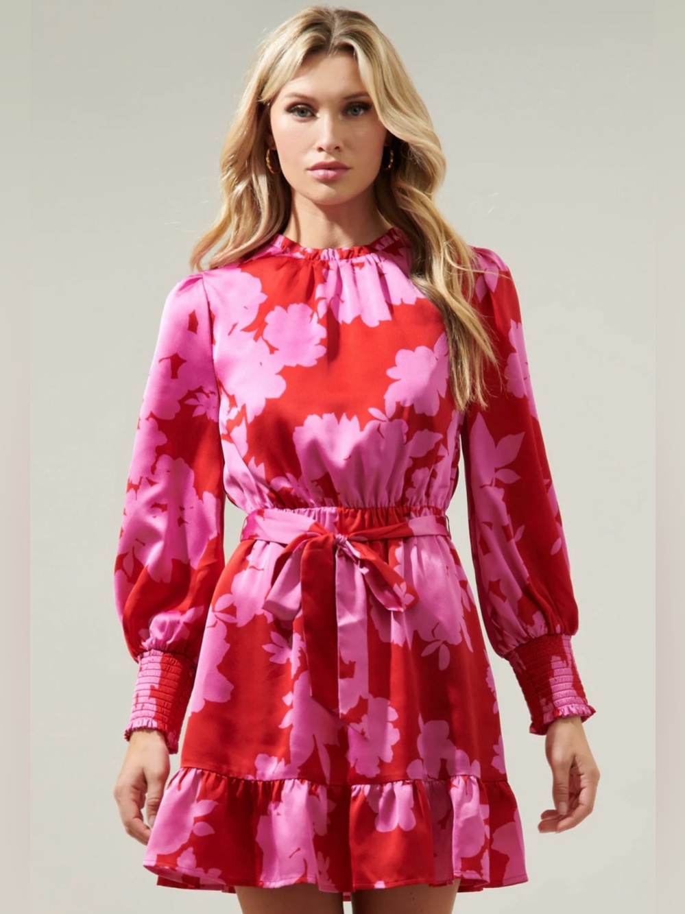 Sugarlips Cherry-Pink Floral Print Satin Ruffle Dress, size Large